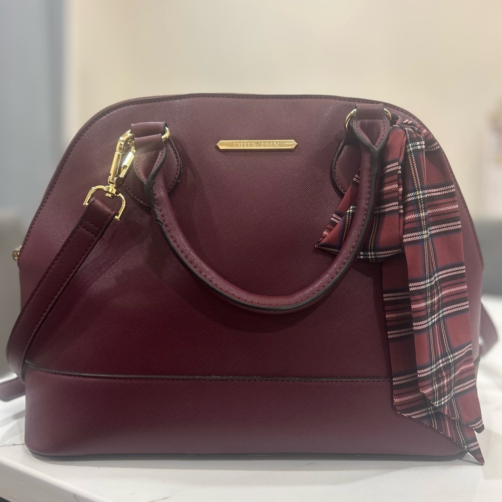 Steve Madden Wine Color Medium Sized “Brelli” Handbag w/Plaid Ribbon